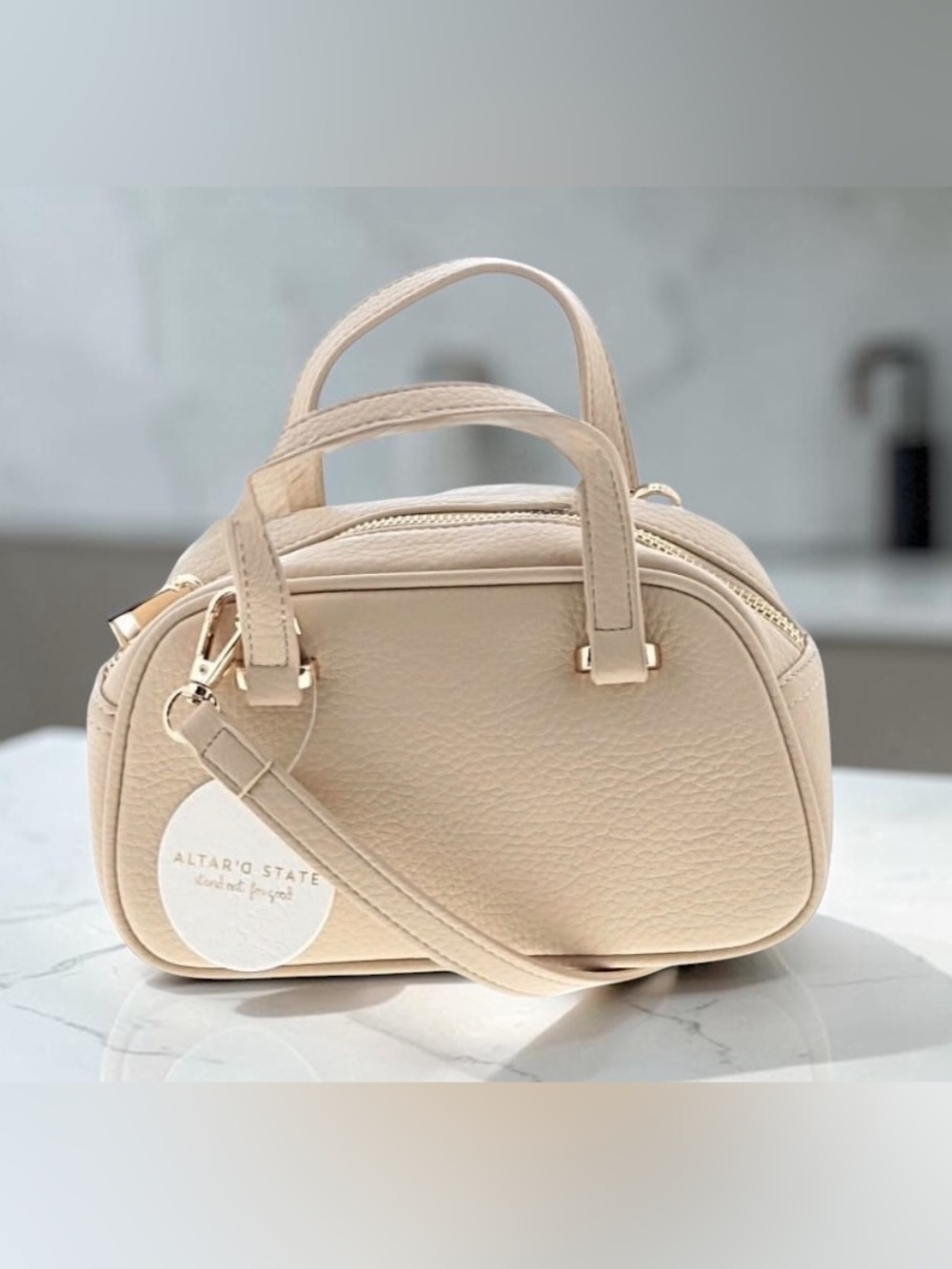 NWT Altar'd State Taupe Leatherette Mini Satchel with Gold Hardware